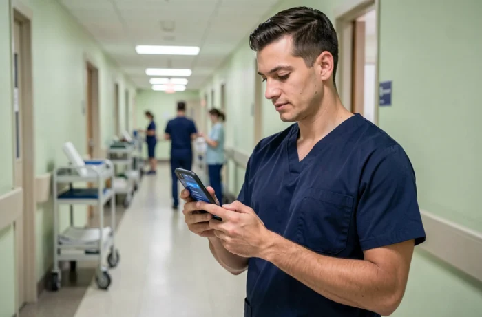 Infirmier consultant une solution numérique de santé sur smartphone dans un couloir d'hôpital