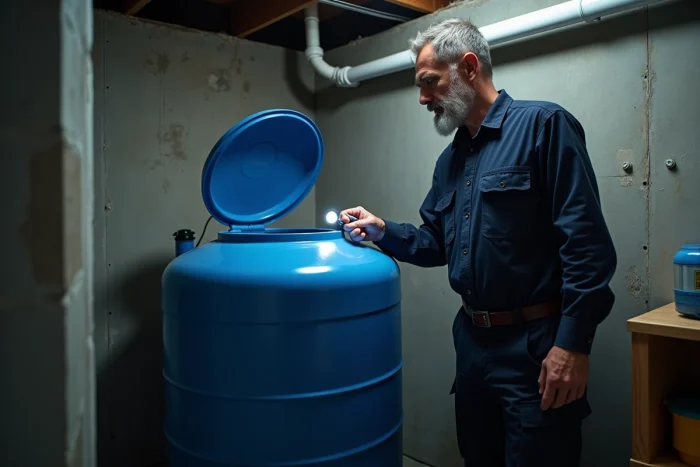 Homme inspectant la propreté d'une cuve de stockage d'eau de pluie dans une cave de maison