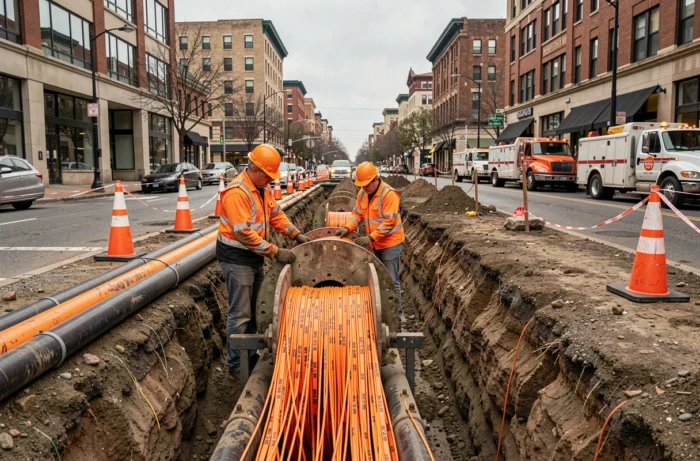 Techniciens posant des câbles fibre optique en tranchée dans une rue urbaine pour l'infrastructure Internet
