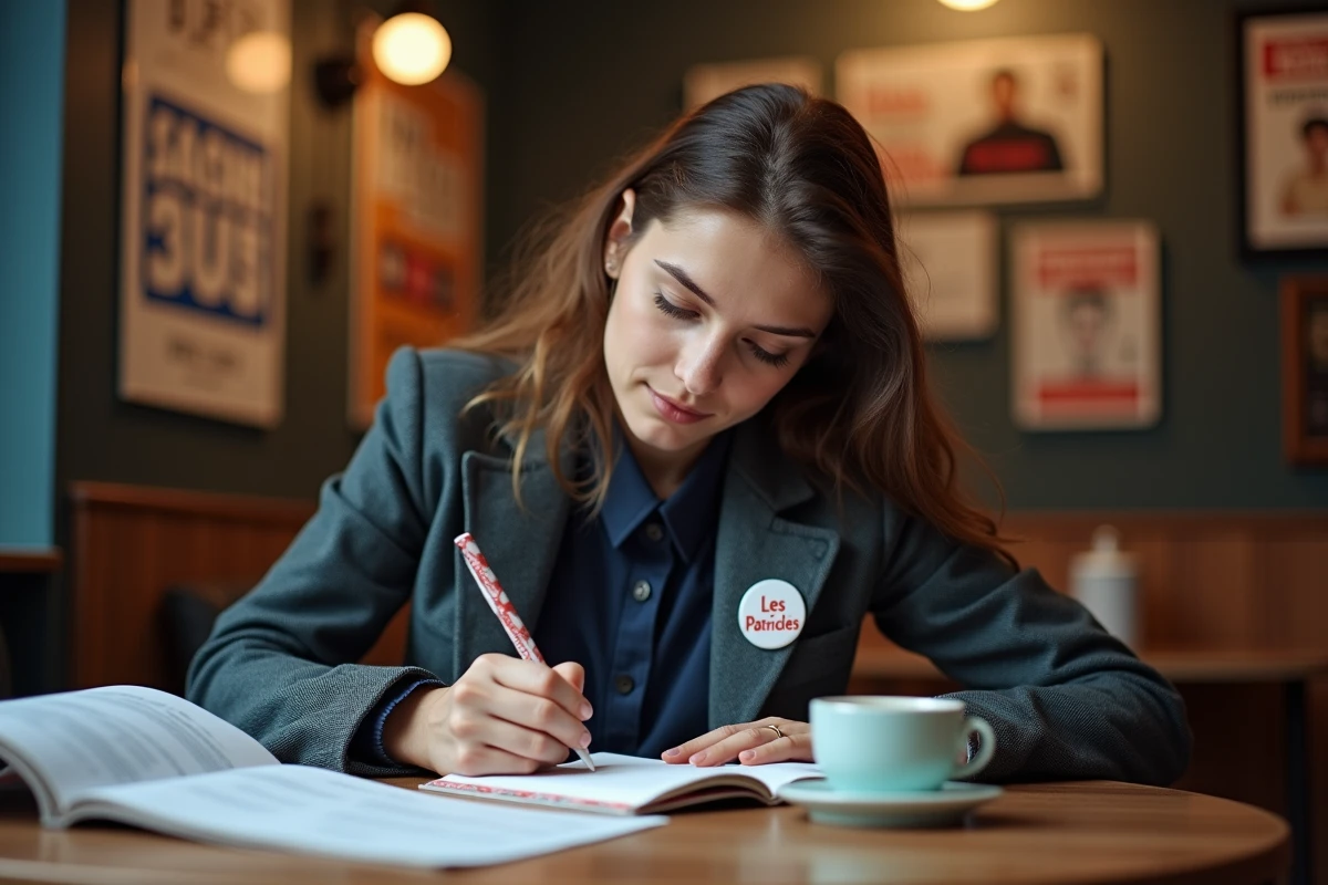 Jeune femme française écrivant dans un carnet au café