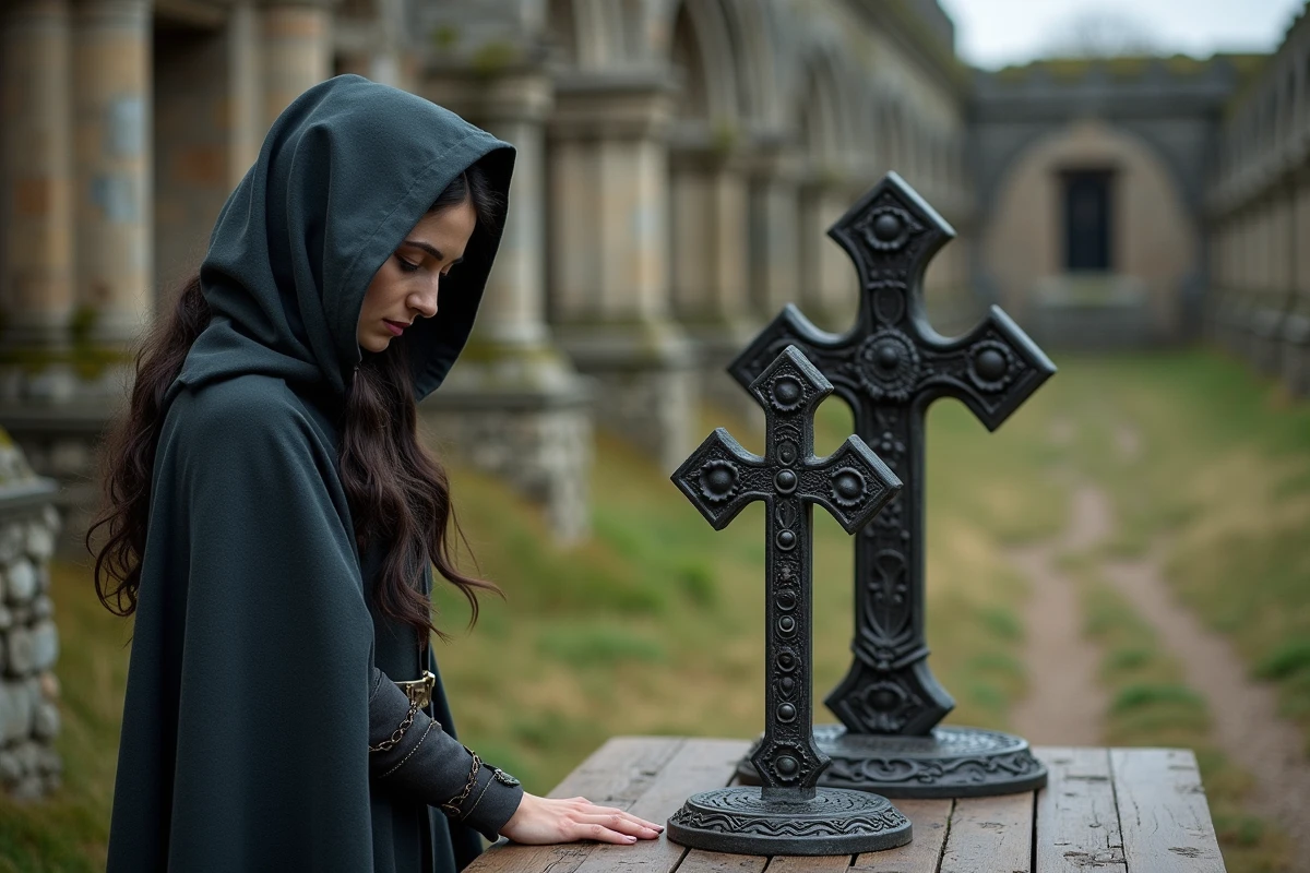 Jeune femme examine une croix templiere en plein air