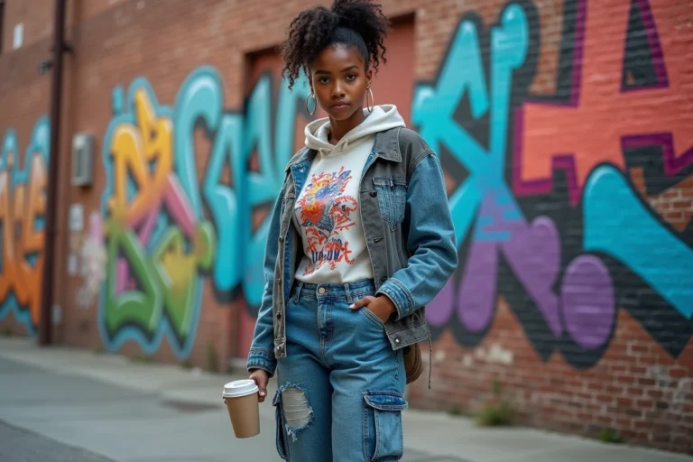 Jeune femme noire en denim patchwork devant un mur de street art