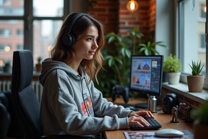 Jeune femme en hoodie pixel art dans son appartement moderne