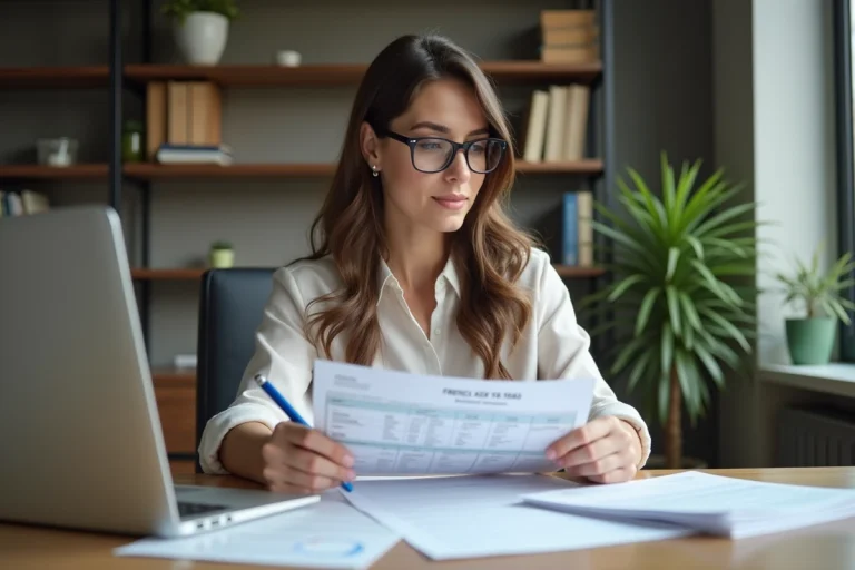 Jeune femme regardant un formulaire d'impots 2044