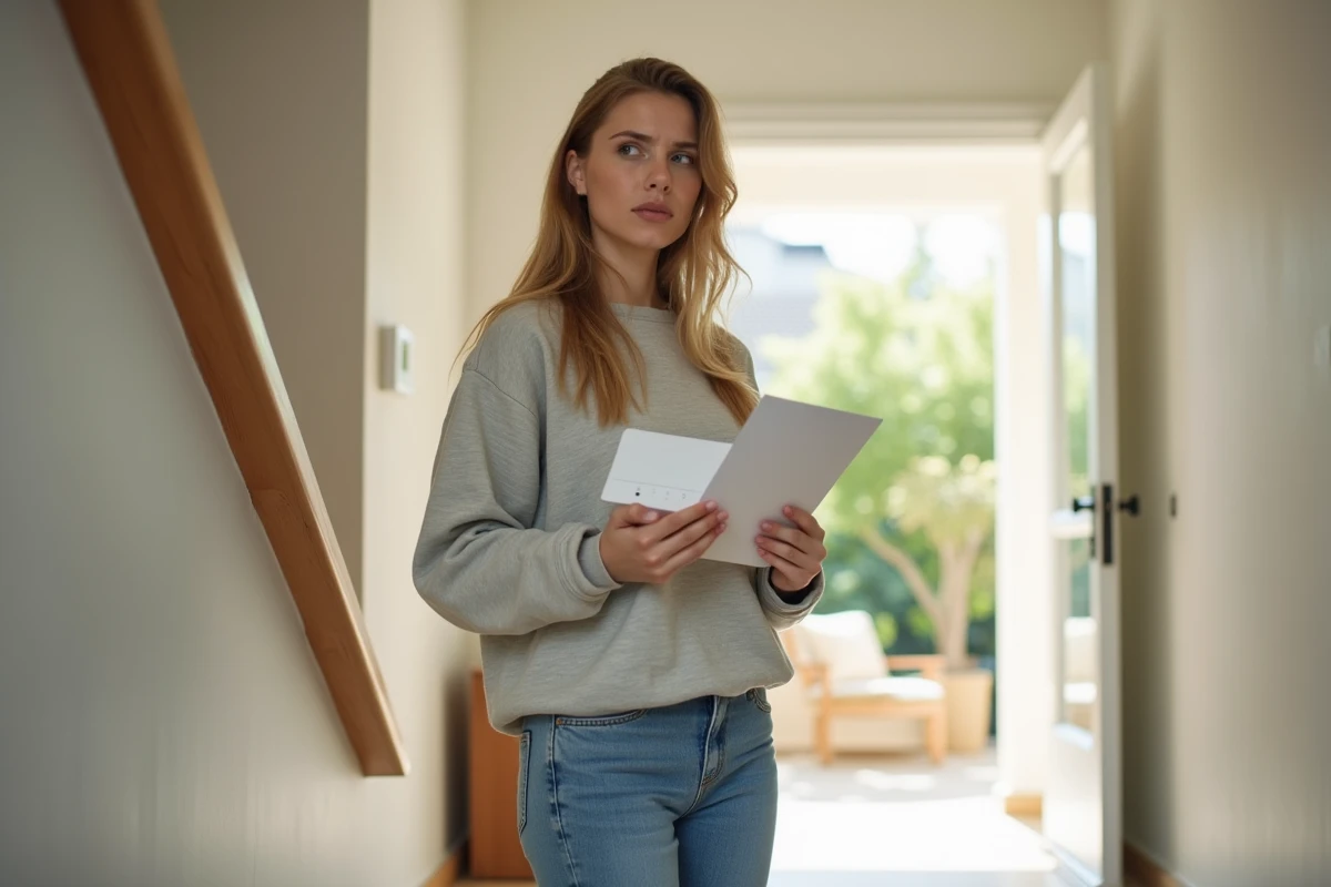 Jeune femme tenant un routeur dans un couloir lumineux
