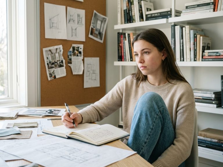 Jeune fille pensive en étude créative avec livres et croquis