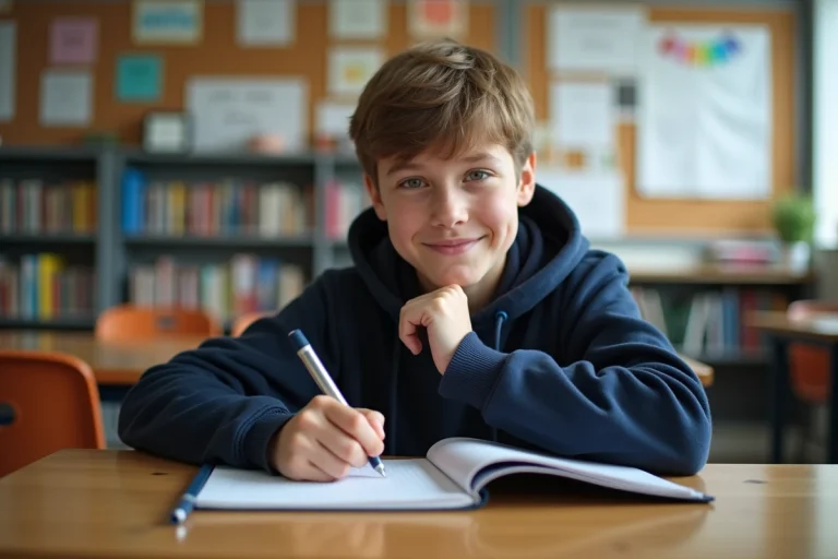 Adolescent en classe écrivant dans un cahier