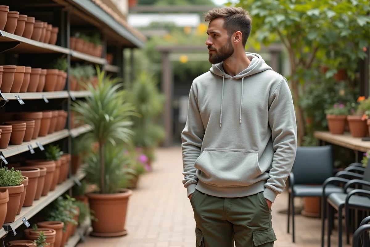 Jeune homme choisit des plantes dans un centre de jardinage