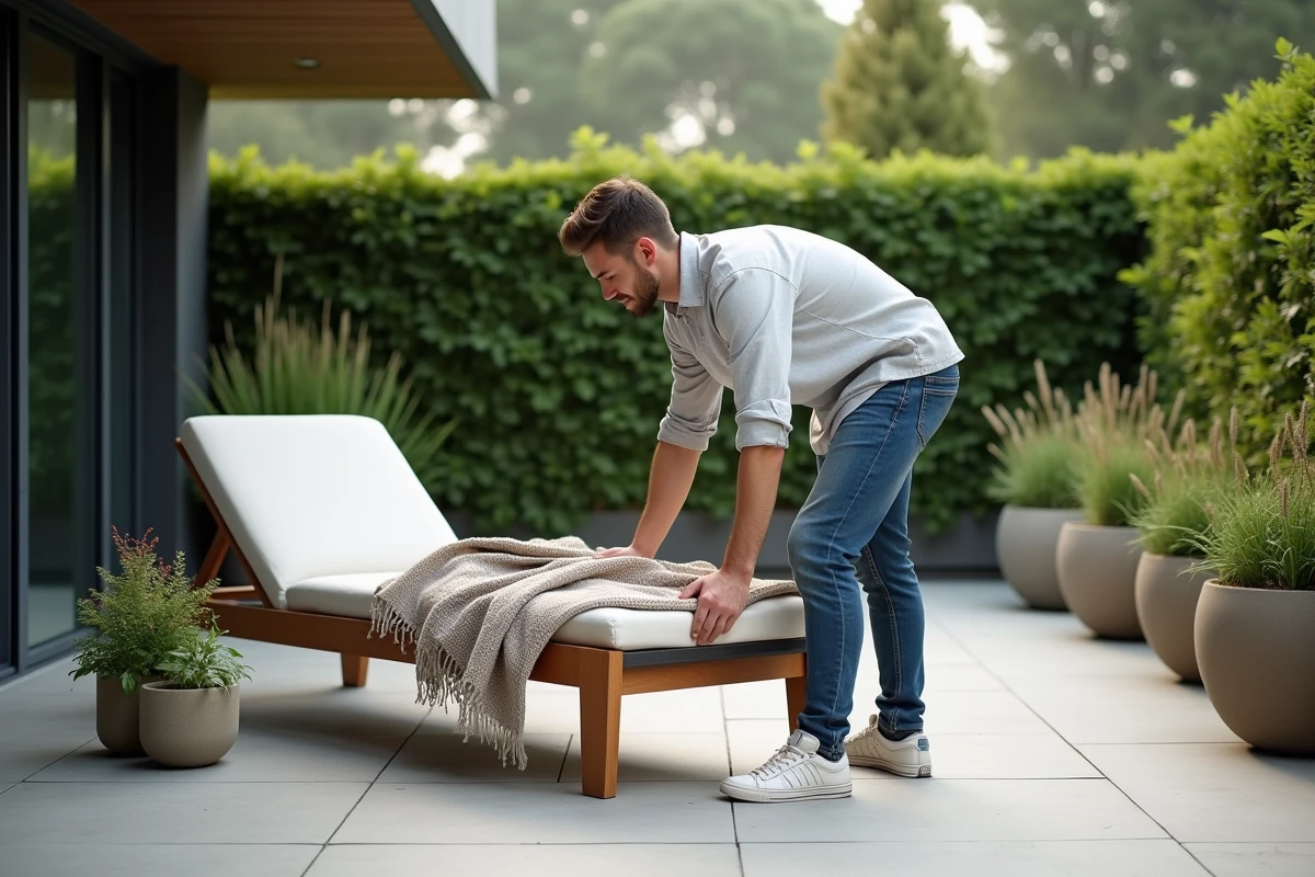 Jeune homme installant un fauteuil extérieur dans un jardin