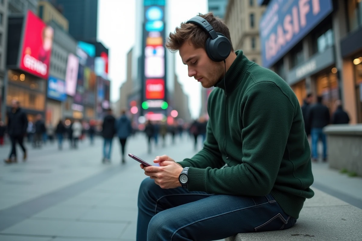Jeune homme dans une place urbaine lisant les actualites