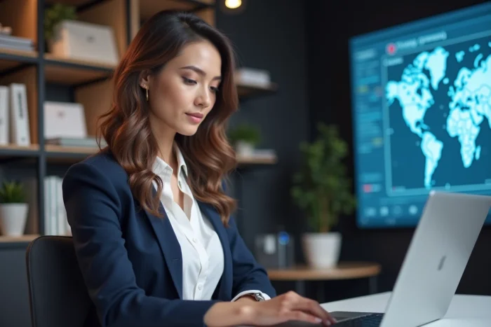 Femme en bureau de journalisme concentrée sur son ordinateur