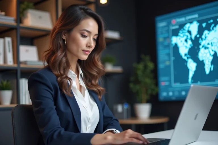 Femme en bureau de journalisme concentrée sur son ordinateur