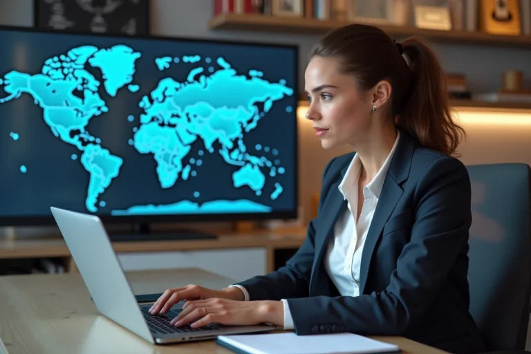 Jeune femme en newsroom consultante une carte du monde