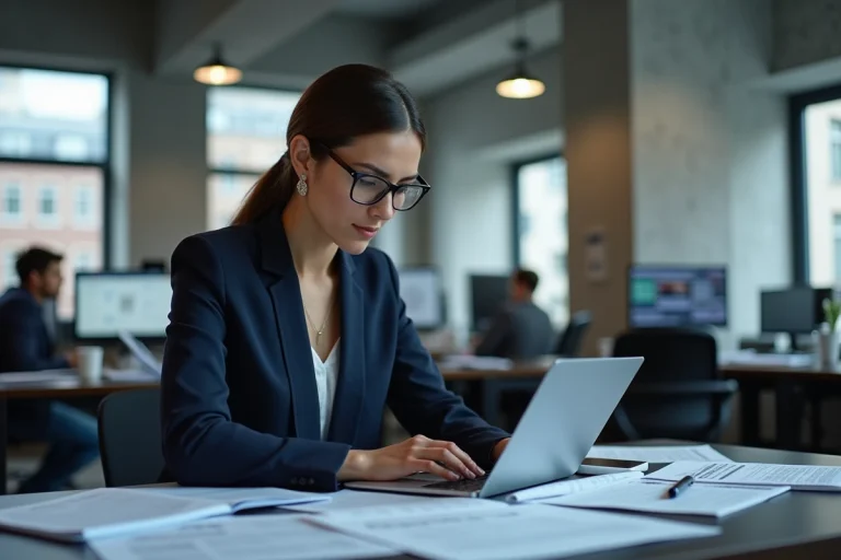 Journaliste femme dans une salle de rédaction moderne consultant des actualités en temps réel sur ordinateur et smartphone