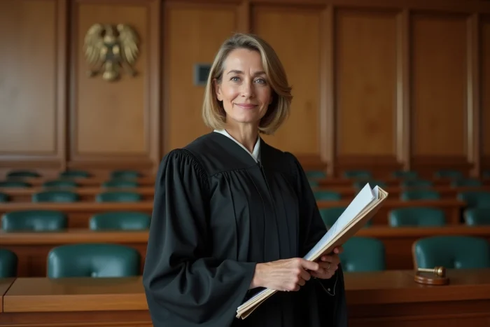 Juge du tribunal de commerce tenant un dossier de liquidation judiciaire dans une salle d'audience officielle en France