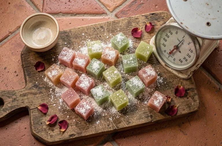 Loukoums colorés en portions mesurées sur une balance vintage, accompagnés de pétales de rose séchés sur un fond de cuisine méditerranéenne en bois rustique