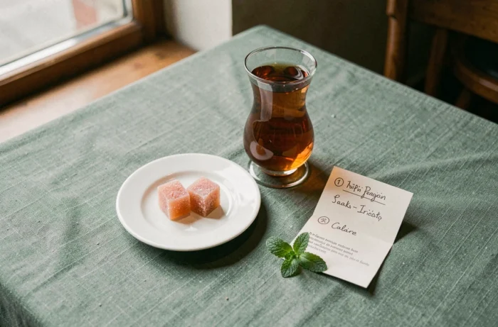 Deux loukoums servis avec un thé turc et une fiche calorie manuscrite sur une nappe en lin sauge dans un cadre de café cosy