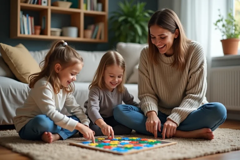 Maman et enfants jouant avec un puzzle coloré dans un salon chaleureux