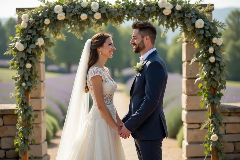 Couple de mariés échangeant leurs vœux sous une arche florale devant un château provençal entouré de champs de lavande