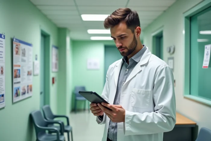 Médecin généraliste consultant ses notes dans un couloir de cabinet médical, illustrant les soins non programmés