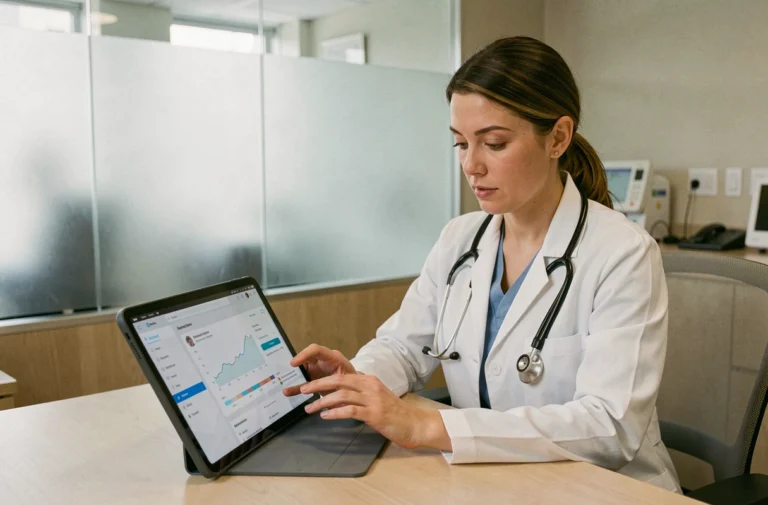 Médecin femme consultant une application de santé numérique sur tablette dans un cabinet médical moderne