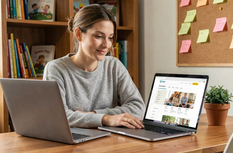 Femme naviguant sur un annuaire en ligne pour enfants depuis son bureau à domicile