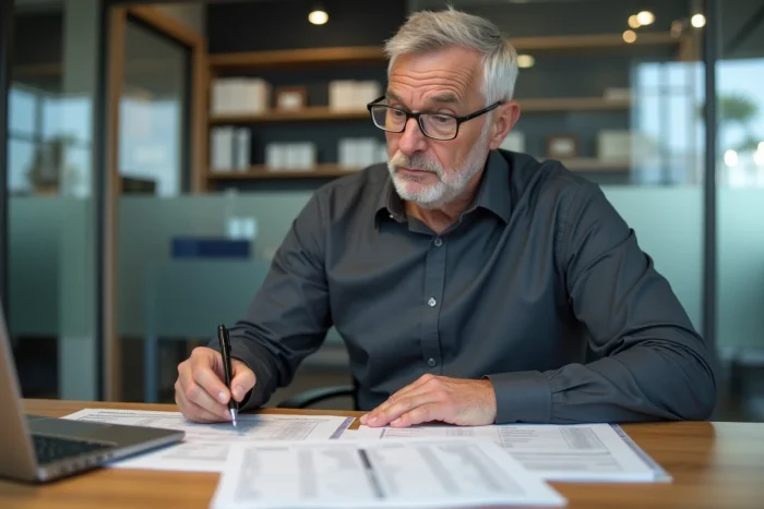 Opticien analysant des contrats et grilles tarifaires de centrales d'achat dans un bureau professionnel