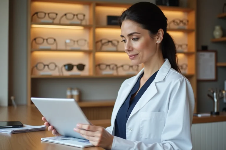 Opticienne indépendante consultant des catalogues fournisseurs dans son magasin d'optique pour choisir une centrale d'achat