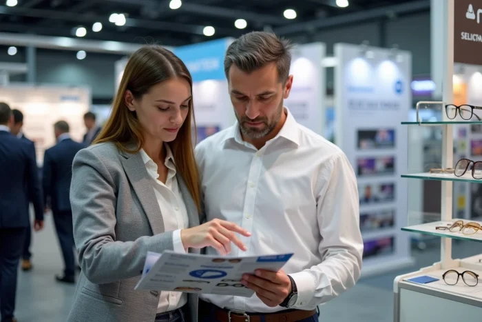 Deux opticiens indépendants examinant des brochures fournisseurs lors d'un salon professionnel de l'optique