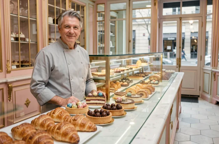 Pâtissier parisien expérimenté debout devant un comptoir en marbre garni de viennoiseries et de chocolats artisanaux dans une pâtisserie élégante