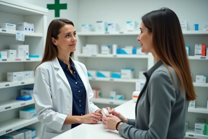 Pharmacienne remettant un médicament veineux à une cliente dans une pharmacie moderne pour traiter les varices
