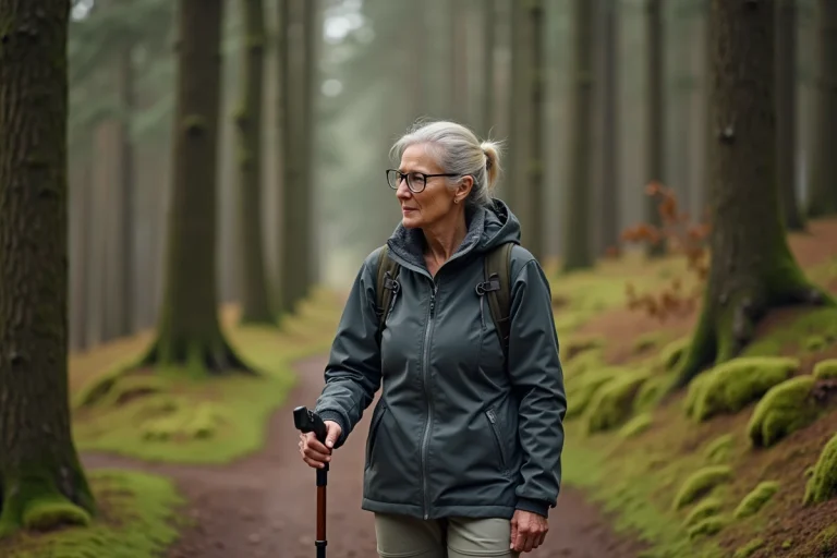 Femme marcheuse avec bâton dans la forêt