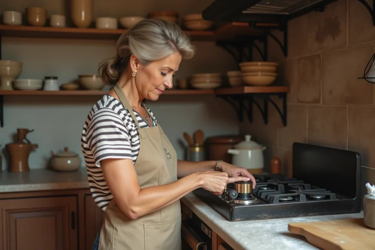 Femme réglant le thermostat d'un four à gaz sur le niveau 5 correspondant à 150 degrés pour une recette de cuisine