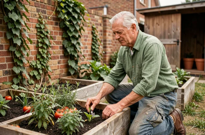 Retraité belge qui jardine paisiblement dans le jardin de sa maison en briques en Wallonie