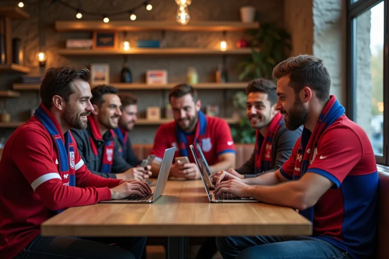 Supporters passionnés de l'Olympique Lyonnais discutant en café