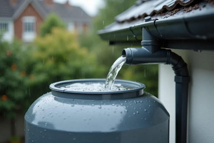 Système de récupération d'eau de pluie avec filtre et déviateur de descente pluviale sur façade de maison