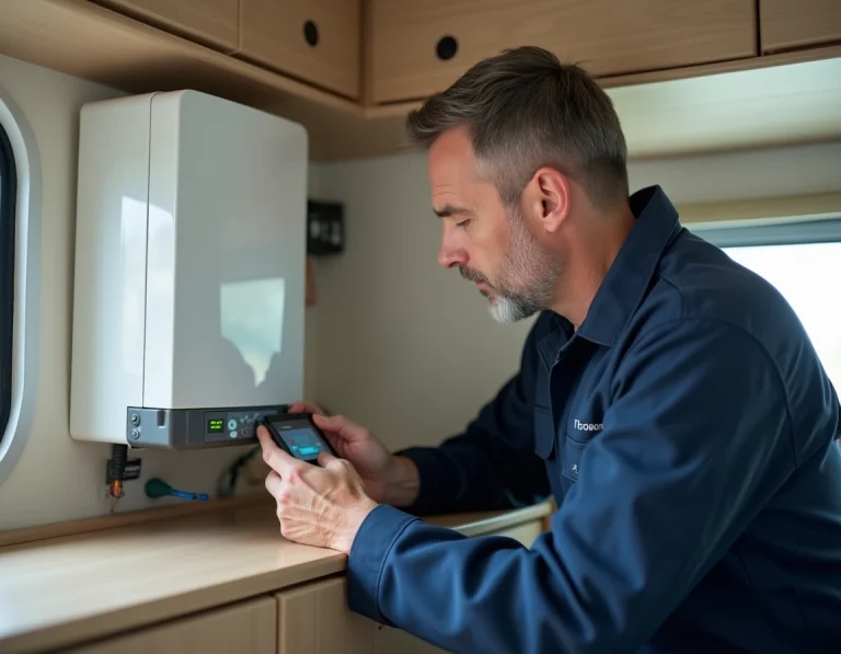 Technicien inspectant un code erreur sur un appareil de chauffage Truma Combi à l'intérieur d'un camping-car