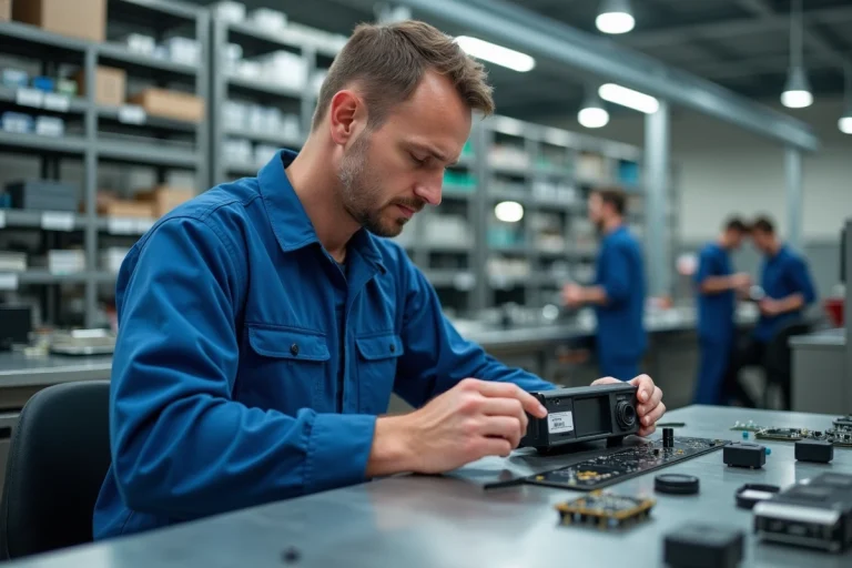 Technicien en overalls bleus assemble un dispositif de securite