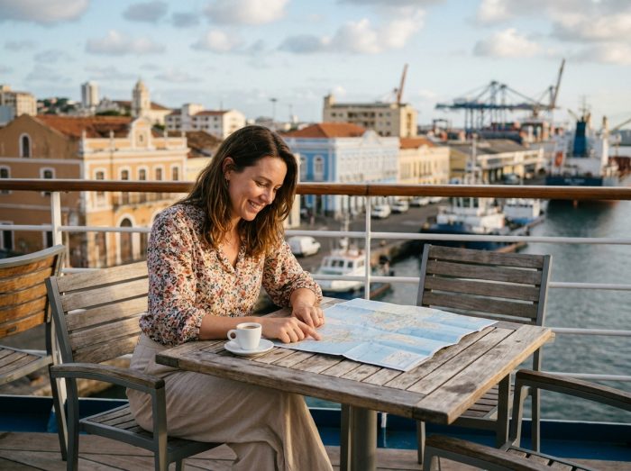 Voyageuse seule consultant une carte à bord d'un navire de croisière avec un port animé en arrière-plan lors d'un voyage autour du monde