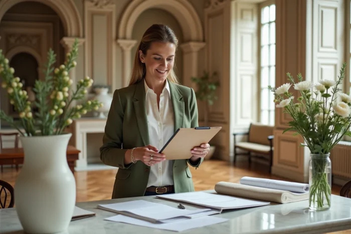 Wedding planner professionnelle consultant ses notes dans un élégant lieu de réception parisien aux grandes fenêtres