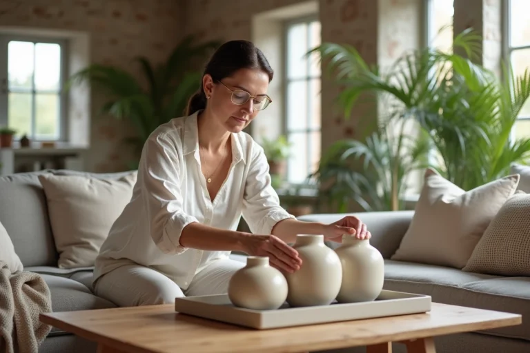 Femme arrangeant des vases en céramique dans un salon cosy