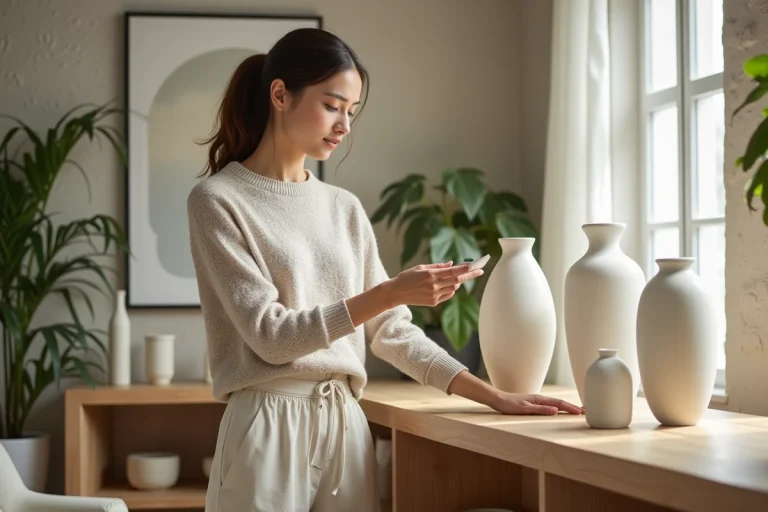 Jeune femme arrangeant des vases en sculpture dans un salon moderne