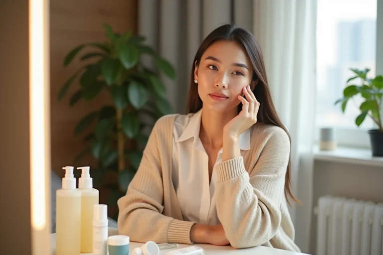Femme appliquant un serum visage dans un intérieur cosy